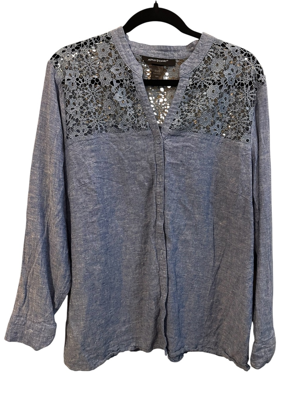 Ashley Stewart Blue Lace Yoke Button-Front Top
